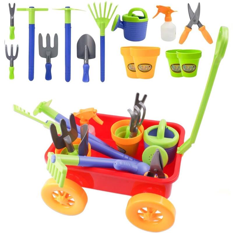 Dimple Garden Wagon & Tools 15-Piece Play Set – Outdoor Toy Gardening Kit for Toddlers and Kids, Sandbox, or Beach Play, Ages 3+