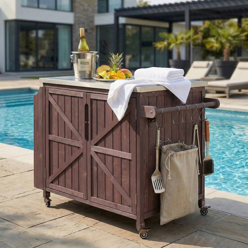 42 Inch Outdoor Kitchen Island Fir Wood Cabinet Stainless Steel Top with Shelf - Dark Brown