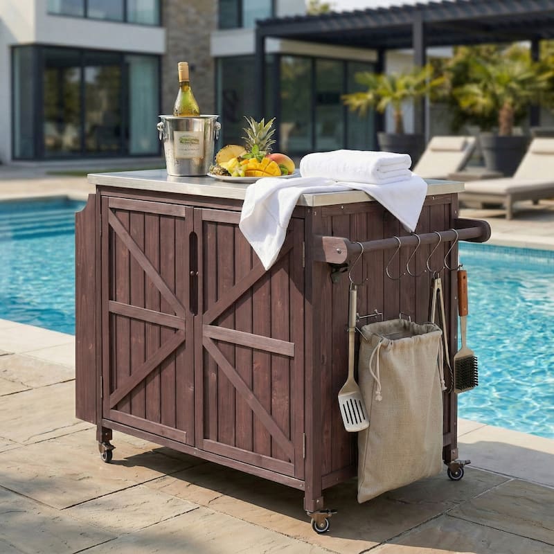 42.1" Outdoor Kitchen Island with Side Shelf, with Storage Cabinet, Outdoor Kitchen Cabinet, Adjustable Shelf and 4 Wheels