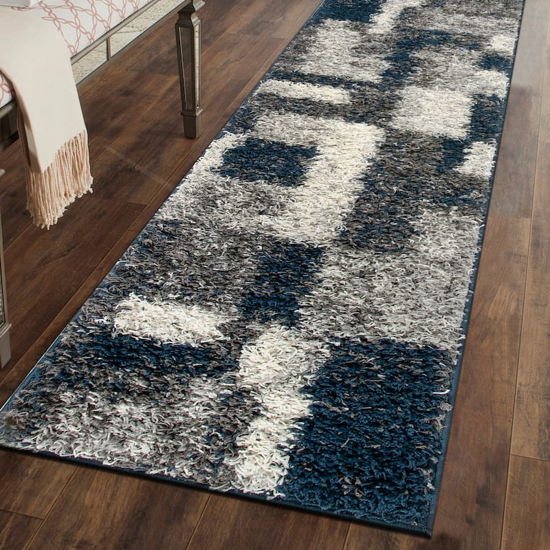 World Rug Gallery Distressed Modern Boxes Plush Shag Area Rug - 2'x7' Runner - Navy