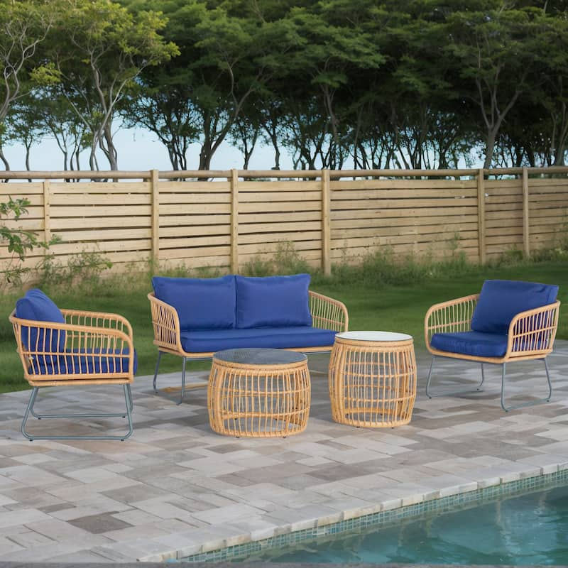 5 Pieces Patio Furniture Set, Outdoor Wicker Patio Conversation Set, Loveseat with Cushion and Pillow, 2 Tempered Glass Table