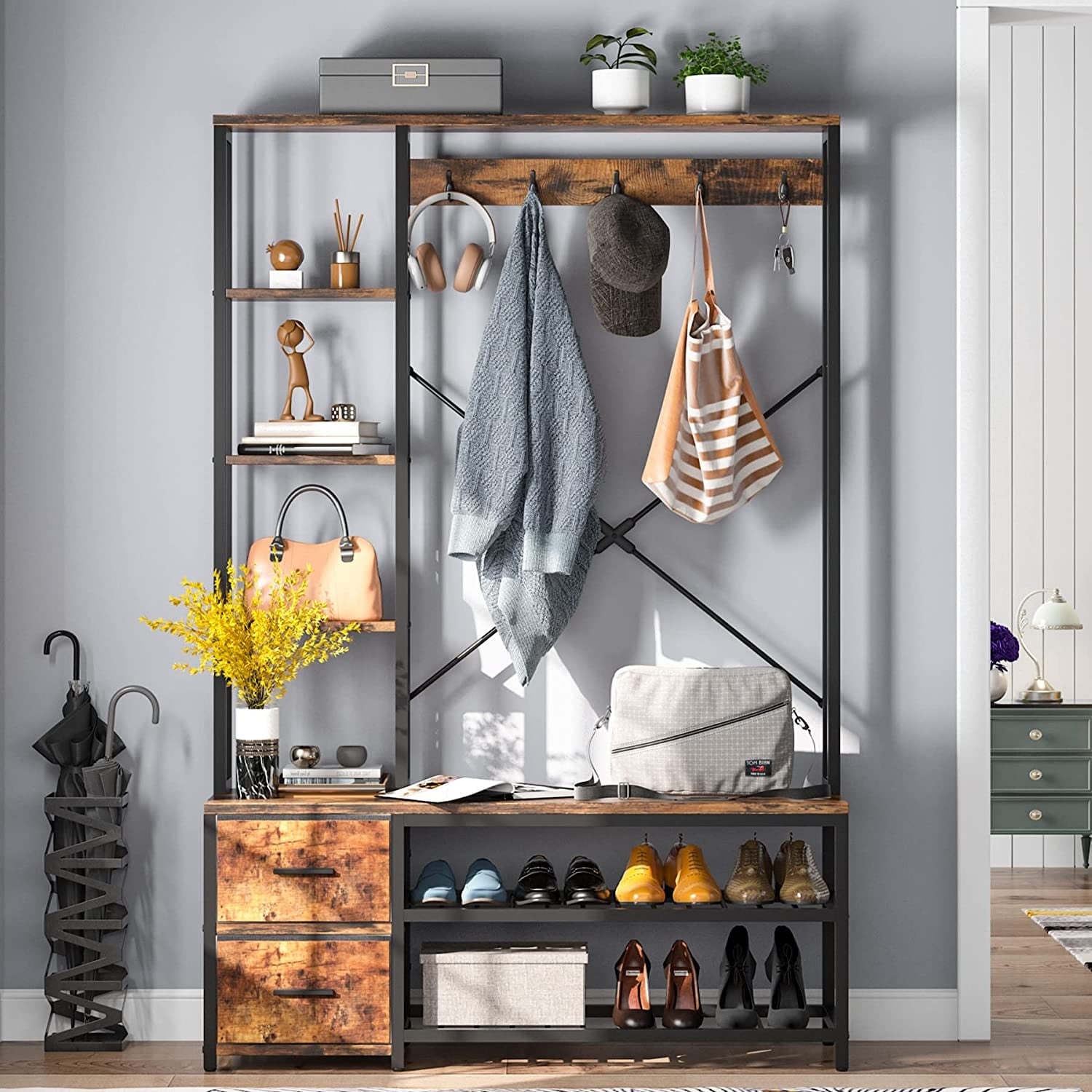 Hall tree with side shelves sales