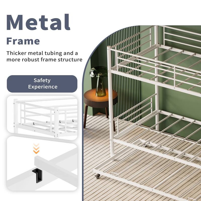 Twin Over Twin Metal Bunk Bed with Trundle, Convertible 2-in-1 Design, Non-Slip Ladder and Safety Rails