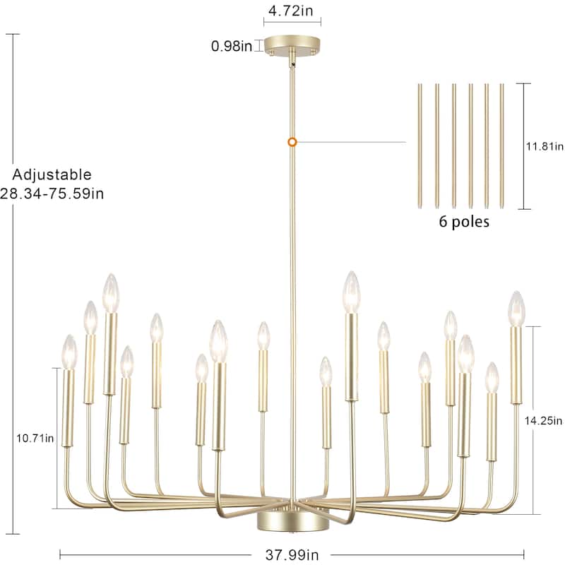 16-Light Metal Rustic Modern Candle Chandelier Fixturesfor Living Room Kitchen Foyer Bedroom