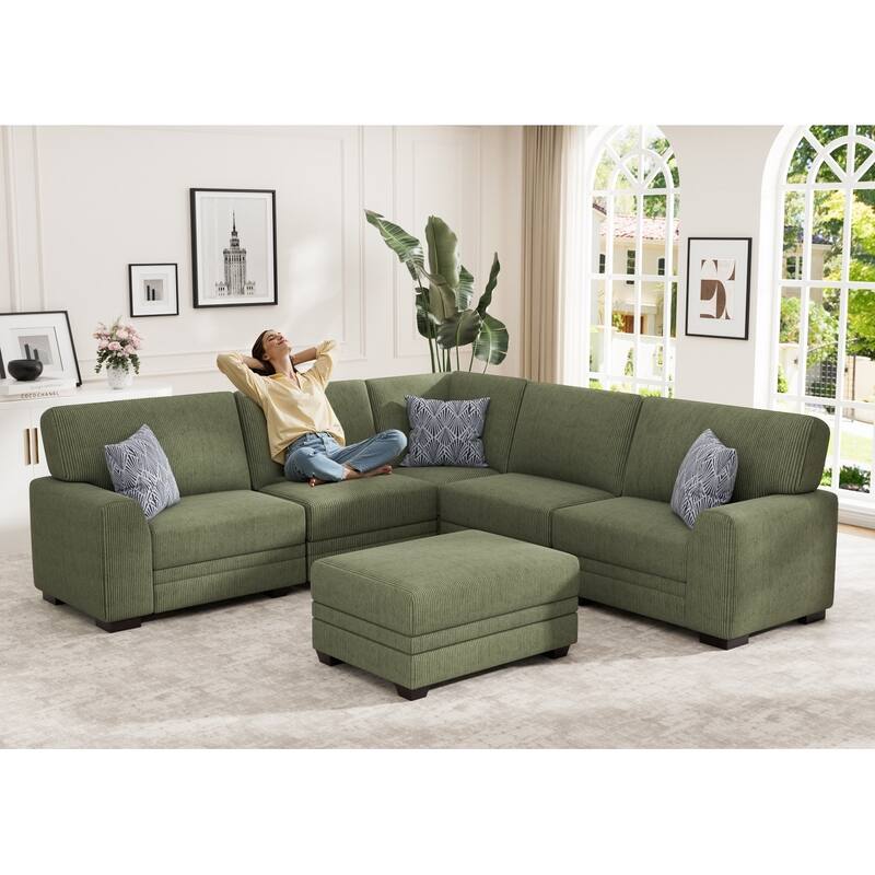 6 Piece Modular Corduroy Sectional With Ottoman