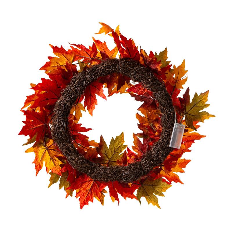 Glitzhome Thanksgiving LED Lighted Fall Maple Leaves Wreath & Garland with Timer