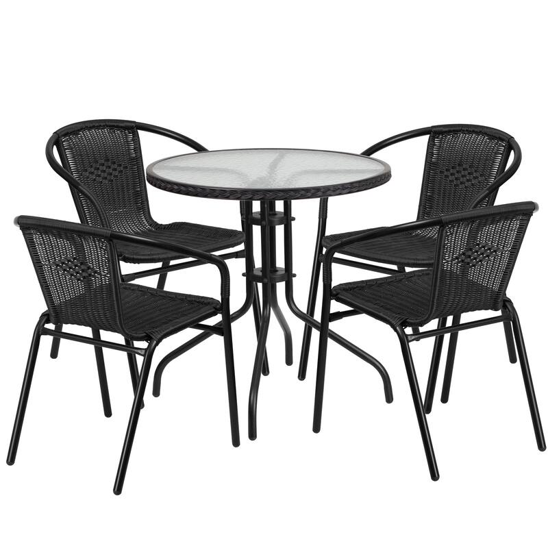 28'' Round Glass Metal Table with Rattan Edging and 4 Rattan Stack Chairs
