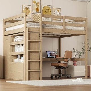 Full Size Pinewood Loft Bed with Built-in Study Desk and Wardrobe, Storage Shelves and 2 Drawers, Full-length Guardrails