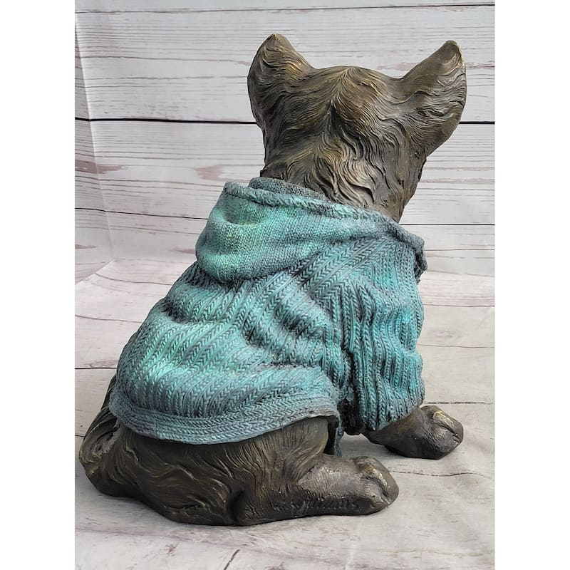 Chihuahua Puppy Dog Wearing Blue Sweater Bronze Metal Figurine Sculpture Decor