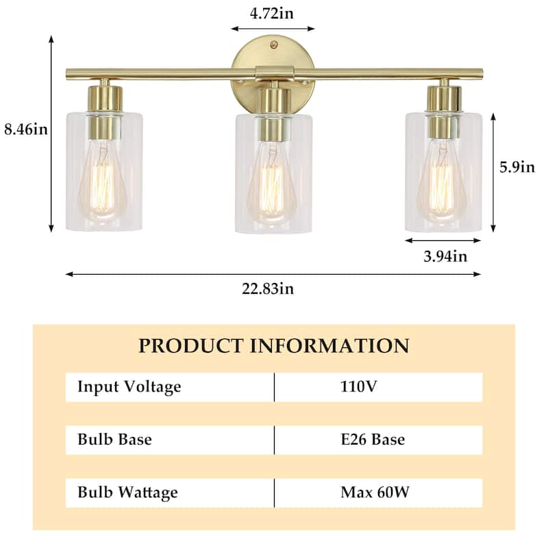 Modern 3-Light Dimmable Bathroom Vanity Lights, Industrial Wall Sconces, Modern Wall Lights - W22.83"x H8.46"