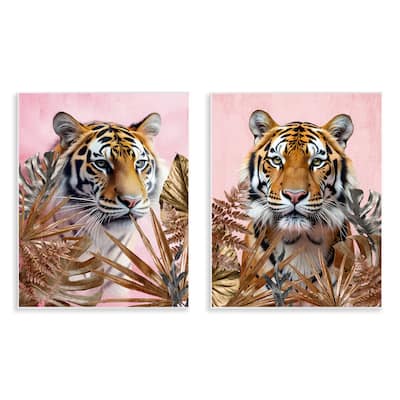 Stupell Fierce Tigers & Gold Leaves Wall Plaque Art Design By Kim Allen (Set of 2)