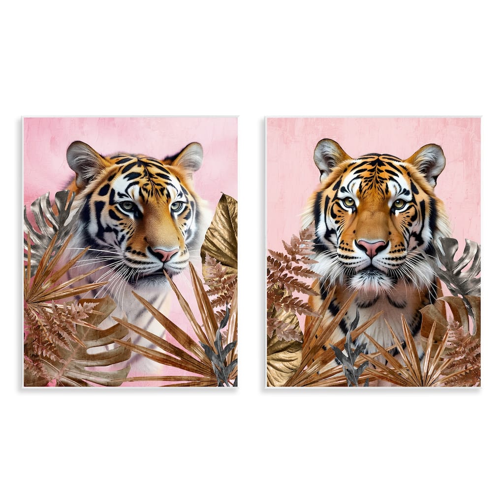 Stupell Fierce Tigers & Gold Leaves Wall Plaque Art Design By Kim Allen (Set of 2)