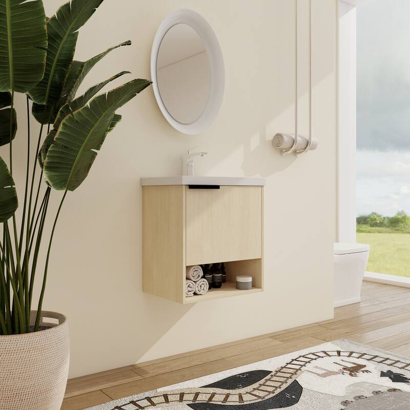 Malwee 16"/20" Floating Bathroom Vanity, Mini Wall Mounted Bathroom Vanity with Ceramic Sink and Soft Close Door