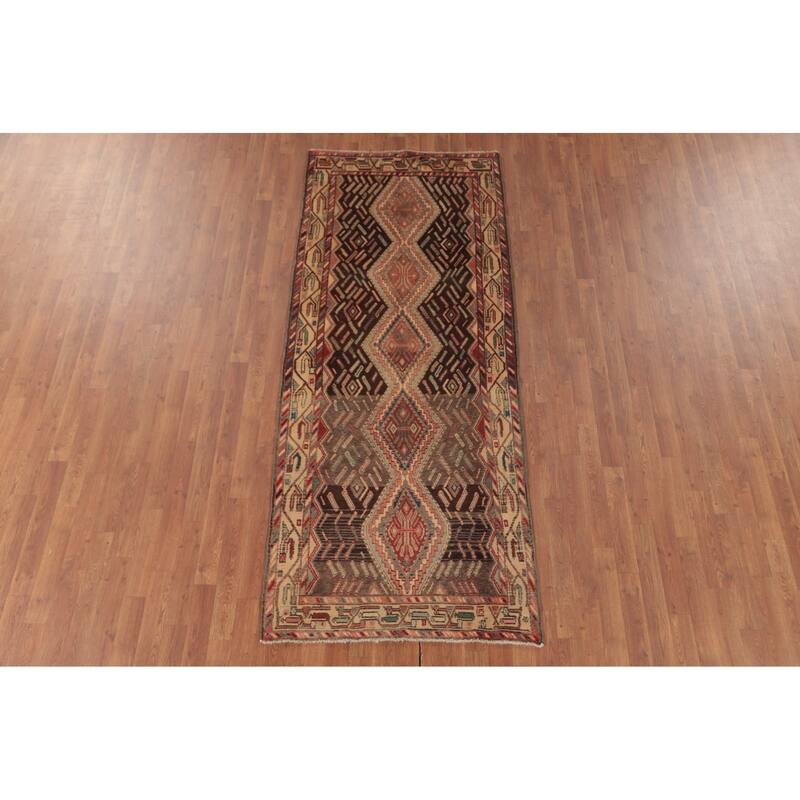 Hamedan Persian Vintage Runner Rug Handmade Brown Wool Carpet - 3'5"x 8'4"