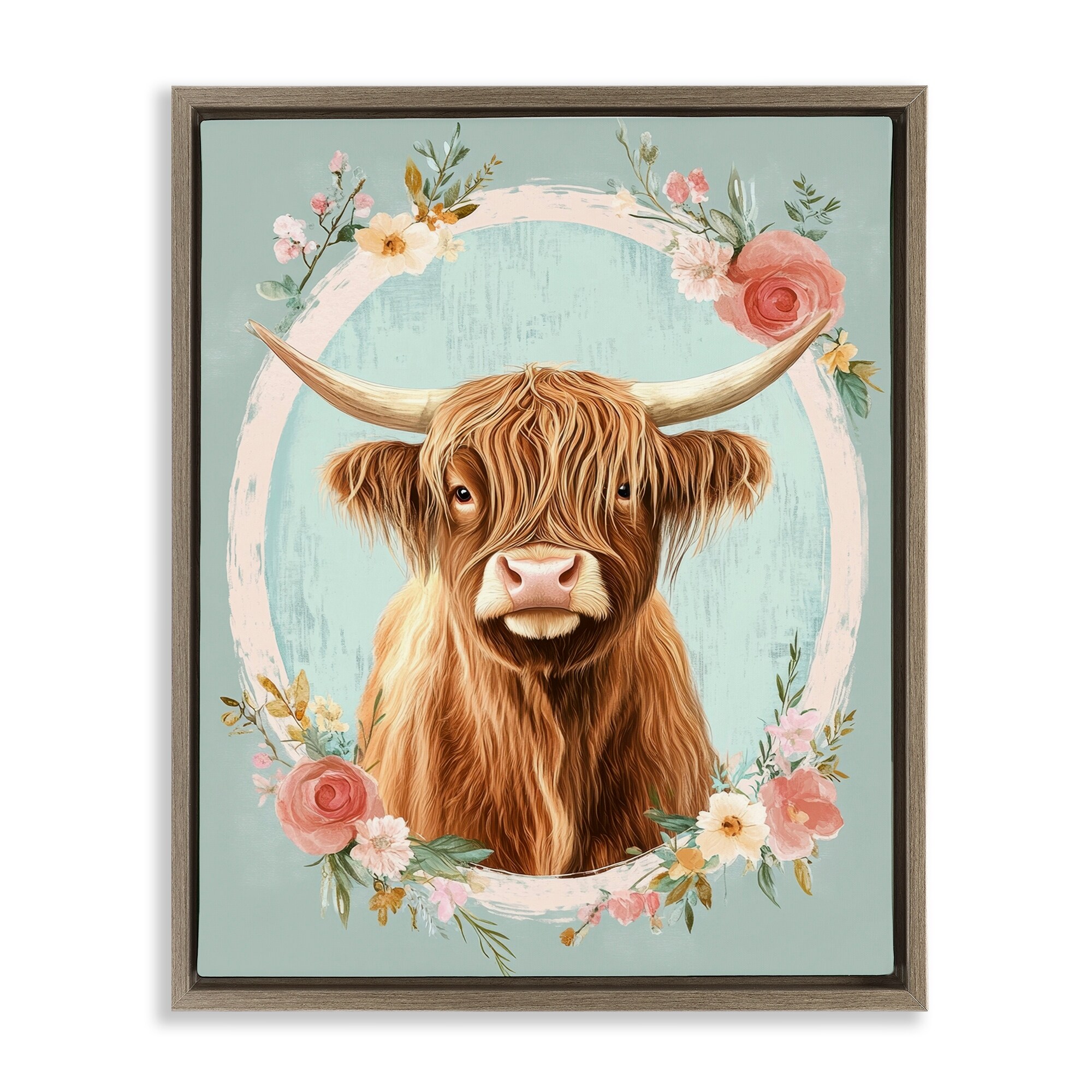 Stupell Highland Cow In Floral Border Framed Floater Canvas Wall Art Design By Petal Prints Design