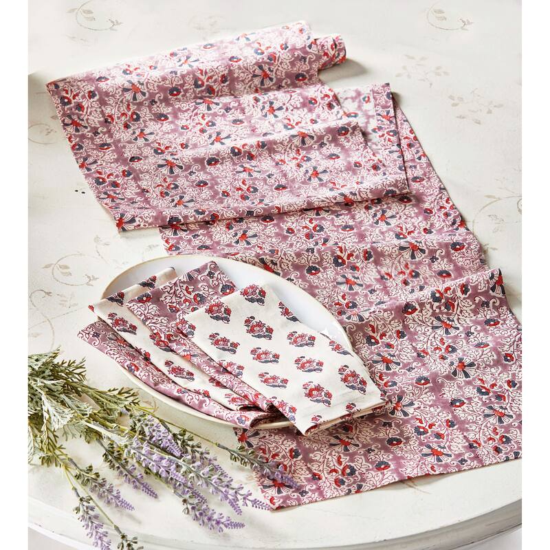 Jasmine Block Print Table Runner - Multicolor Cotton, Machine Washable, 72" x 14.5" - Perfect for Spring and Summer