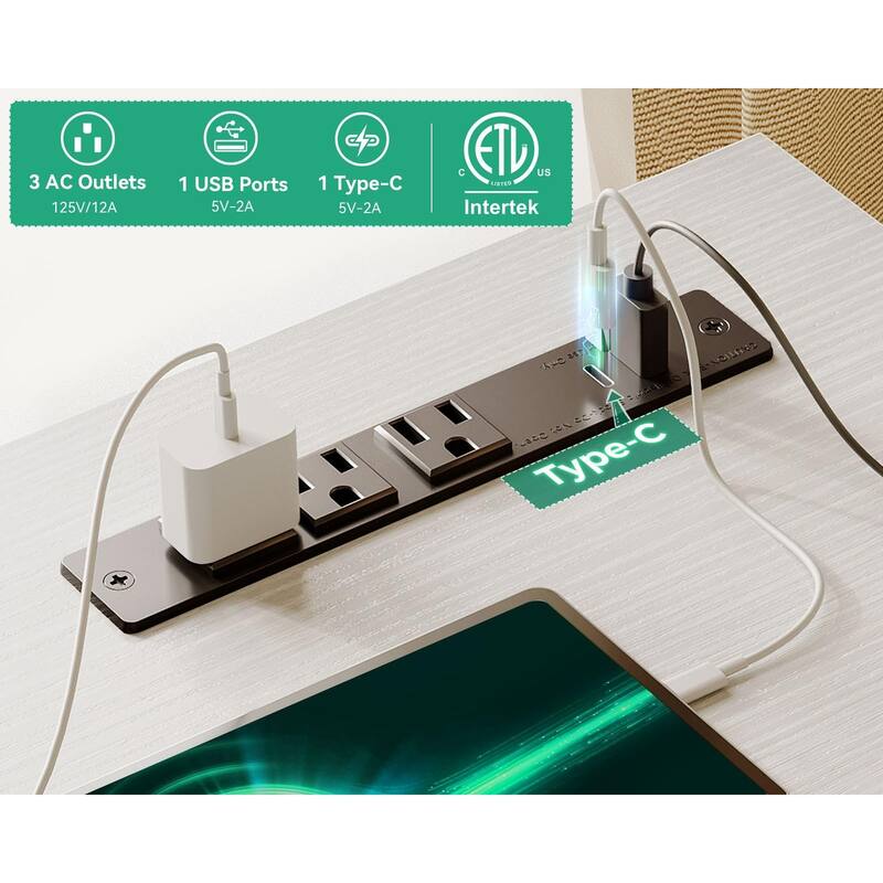 L Shaped Computer Desk with Power Outlets & Drawers, Reversible Office