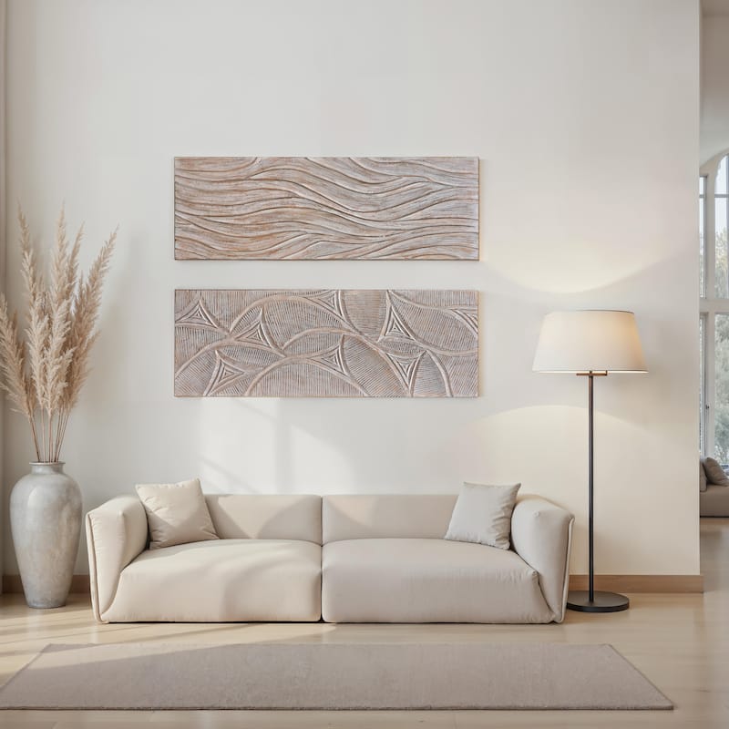 2pc Wood Wall Art Panels | 16x48 Inch Abstract Geometric and Wave Pattern Decor| Distressed Gray