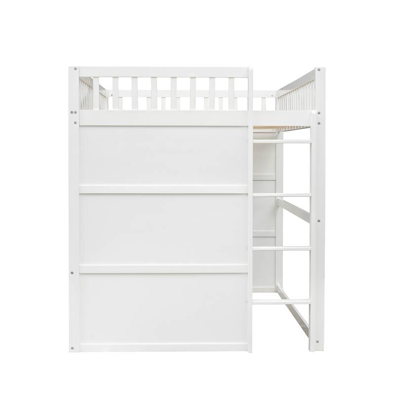 Full Size Loft Bed with Sturdy Ladder, Solid Pine Wood House Bed Frame with Safety Guard Rails and Slatted Support