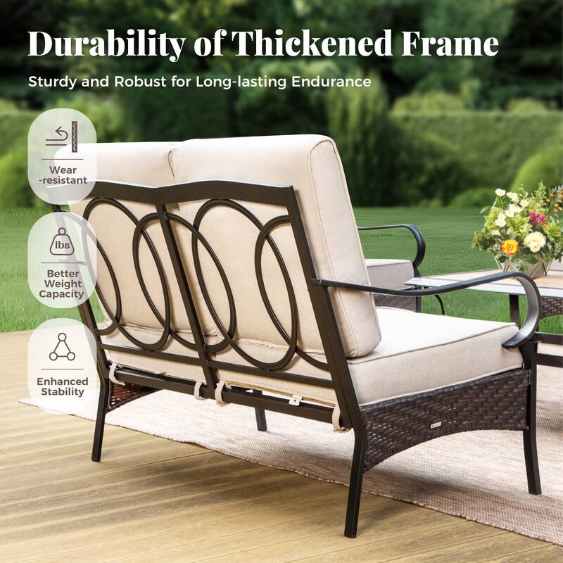 MAISON ARTS Patio Furniture Set with 56" Fire Pit Table, Deep Seating Sofa & Swivel, Rocking, and Fixed Chairs (5 Seats, Beige)