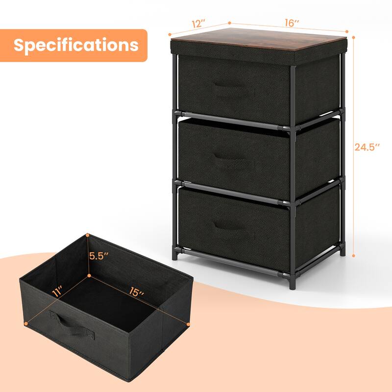 Gymax 2PCS Fabric Bedside Table 3 Drawers Nightstand Small Dresser