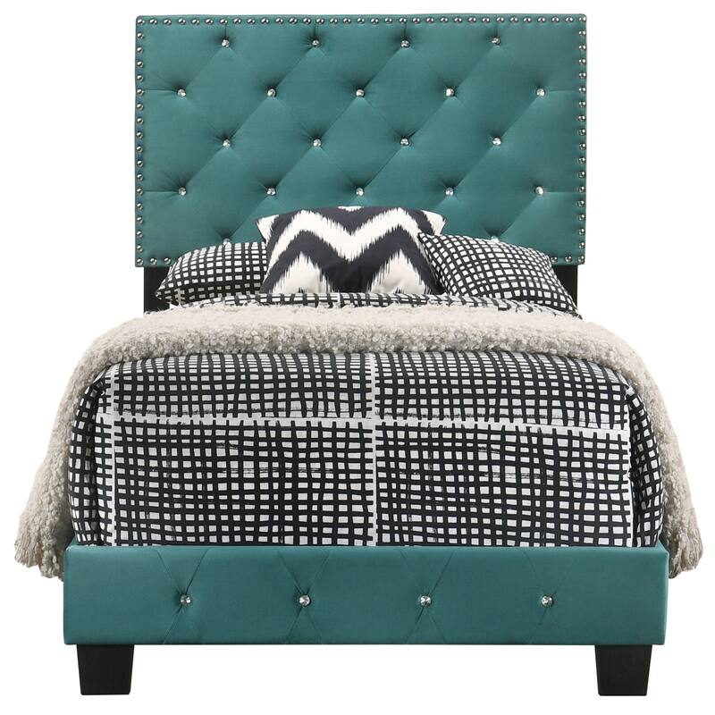 Twin Bed Soft Velvet Tufted, Faux Jewels & Chrome Nailheads - Classic Bedroom Design
