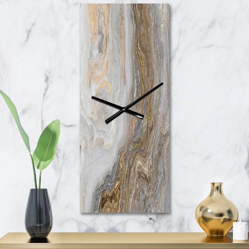 Designart 'White Marble with Curley Grey and Gold Veins' Glam Metal Wall Clock - 12 in. Wide x 28 in. High