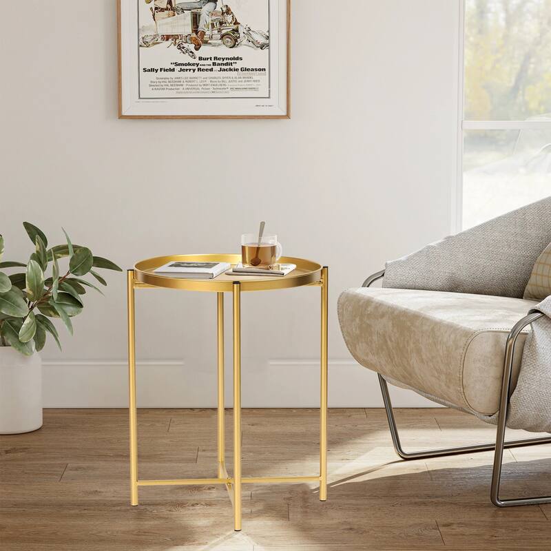 Adeco Gold End Table Metal Waterproof Snack Beside Table Accent Coffee Table - 16.9""(D)x 16.9""(W)x 20.5""(H)