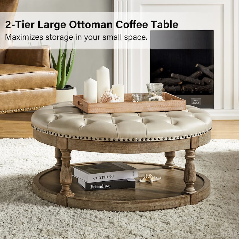 Dulcie Traditional Cocktail Vegan Leather Ottoman with Solid Wood Legs by HULALA HOME