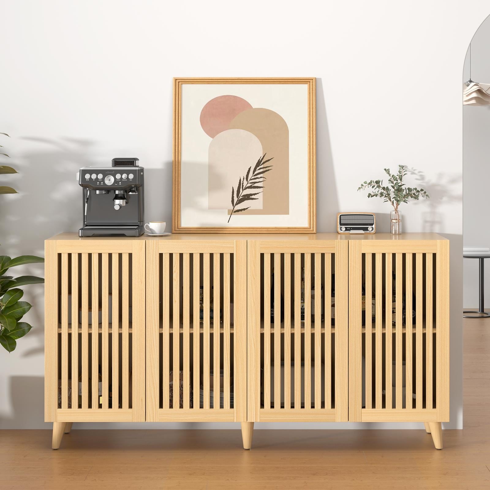 4 Doors Buffet Storage Cabinet, Console Sideboard for Kitchen Dining Room Entryway, Oak