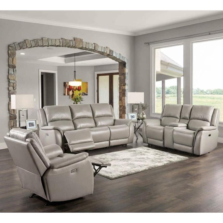 Gray Upholstered Power Recliner Sofa Set Center Console