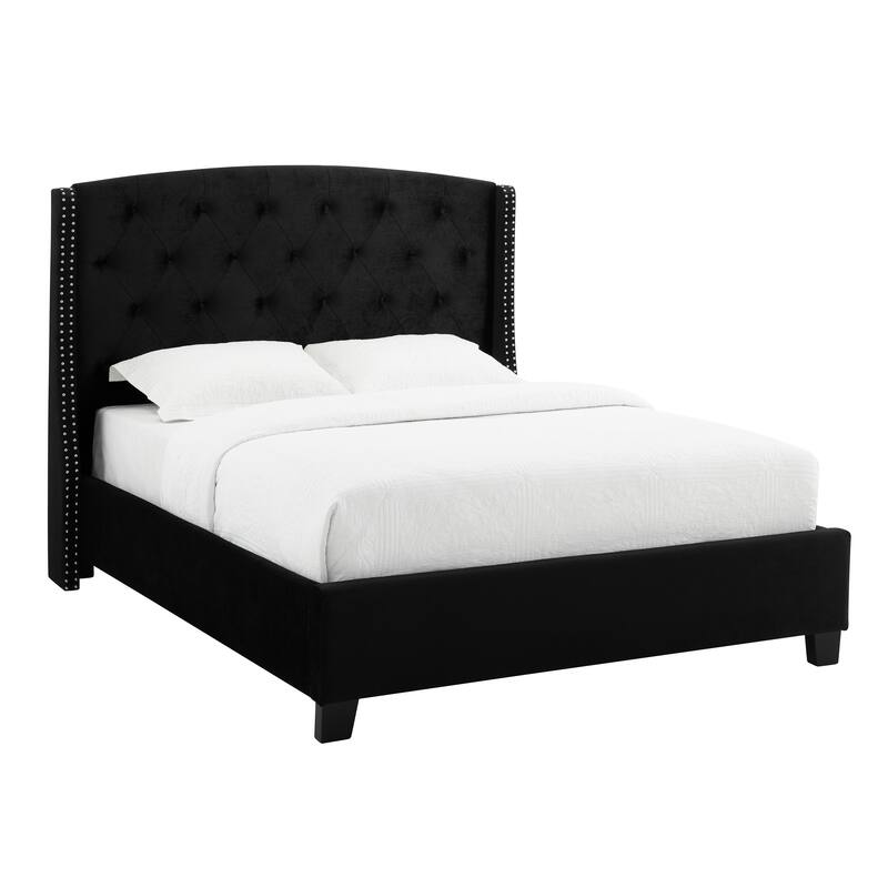 Contemporary Upholstered Queen Size Bed with Button Tufting and Nailhead Trim, Black Finish
