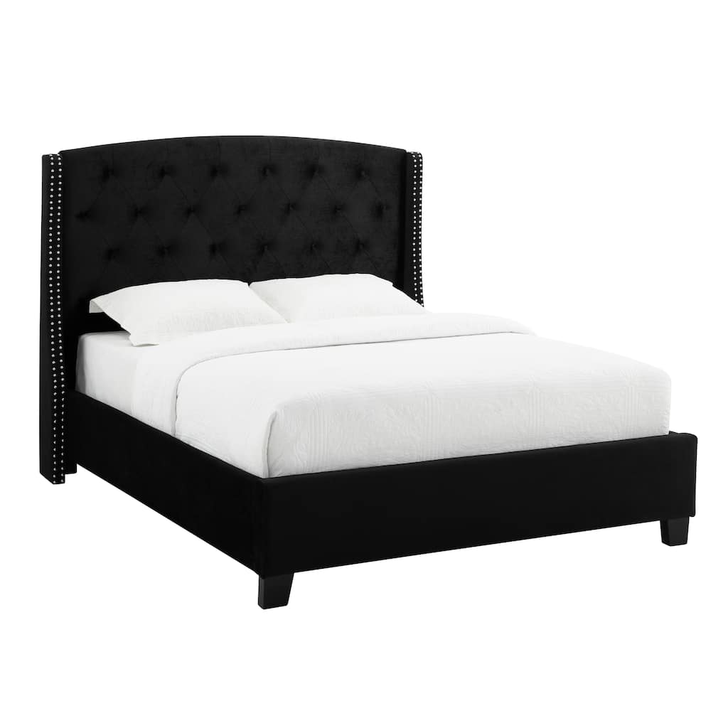 Queen Size Upholstered Panel Bed with Wing Back Headboard and Nail-head Trim