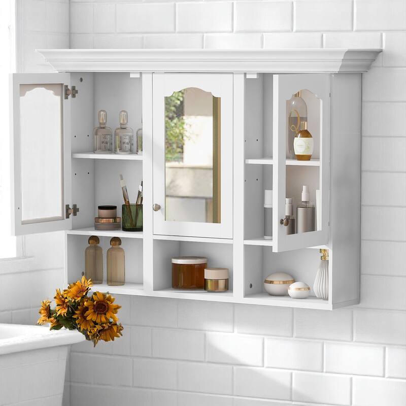 Bathroom Storage Cabinet with Mirror, Wall-Mounted with Adjustable Shelves and Glass Doors for Space-Saving - White