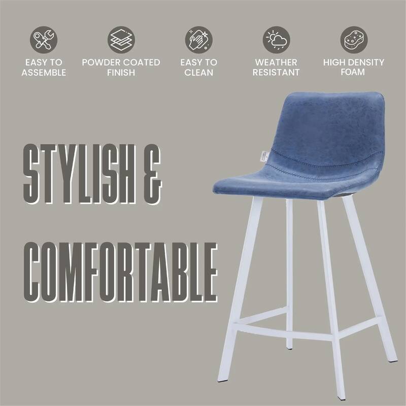 Elland Leather Bar Stool - Modern Counter Height Stool with White Stainless Steel Legs for Kitchen Island or Home Bar Set of 2