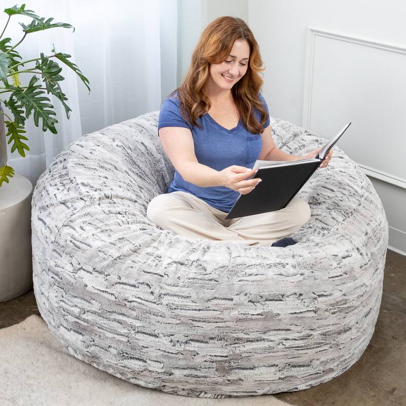 Jaxx 5 Foot Saxx Bean Bag Chair and Lounger for Adults - Synthetic Fur - Silver Fox