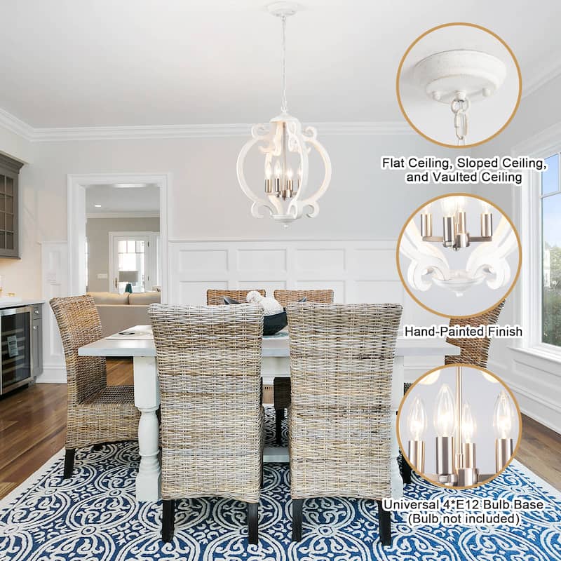 4-Light Antique Wood French Country Chandelier Vintage Pendant for Dining Room
