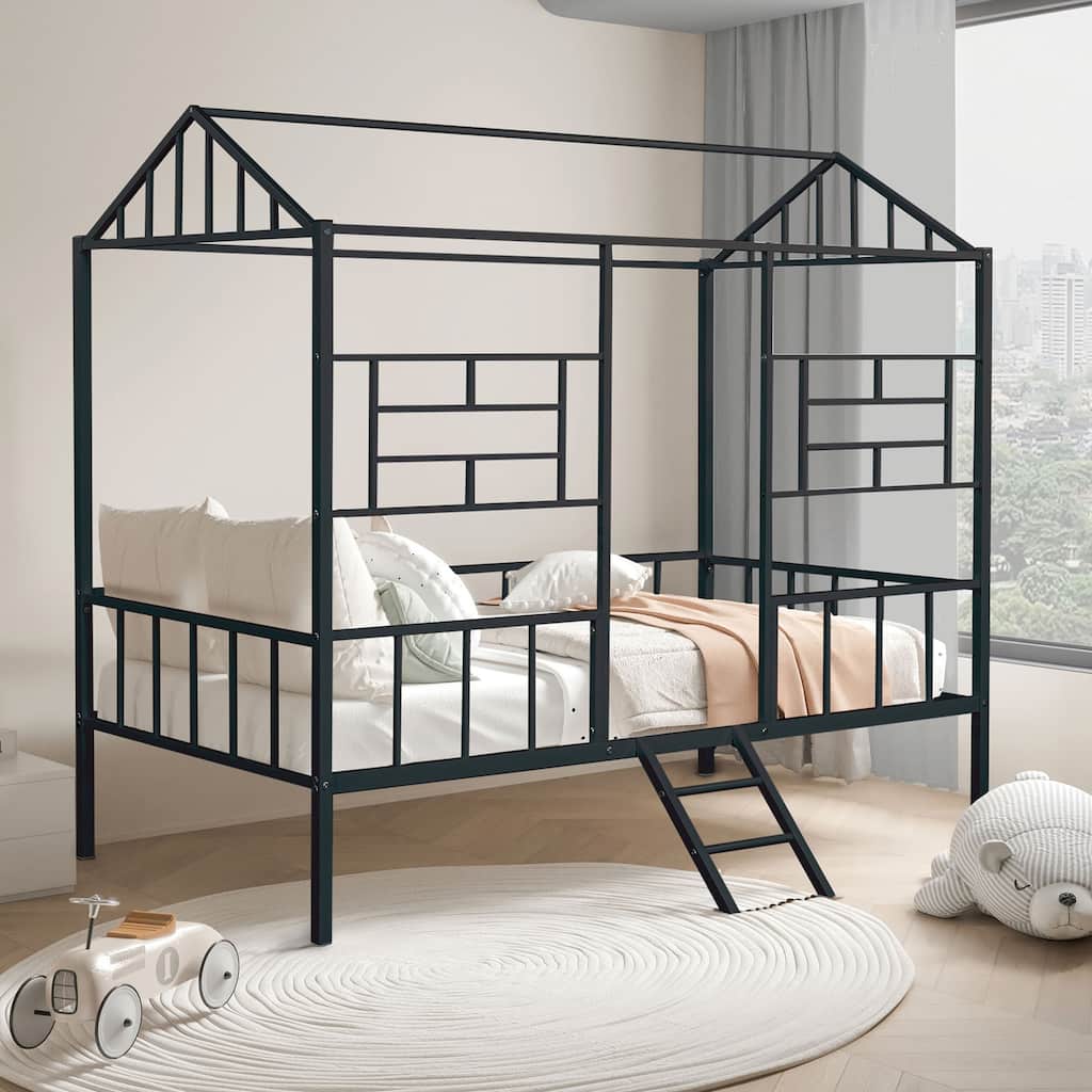Black Twin Bunk Bed with House Design and Full Metal Construction