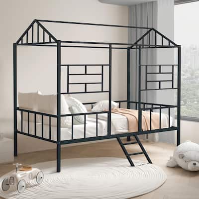 Twin size Metal Bunk Bed with House Design and Angled Ladder