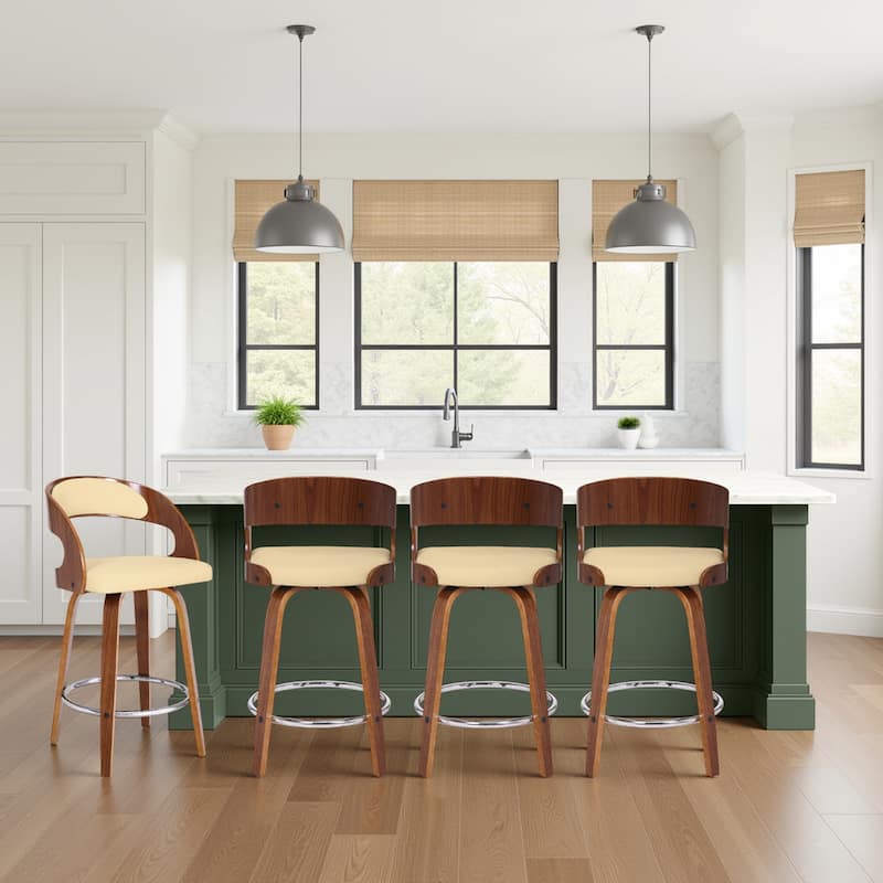 Shelly Mid-Century Swivel Bar Stool, Upholstered Counter Height Chair with Bentwood Legs - Cream & Walnut - Counter Height - Set of 4