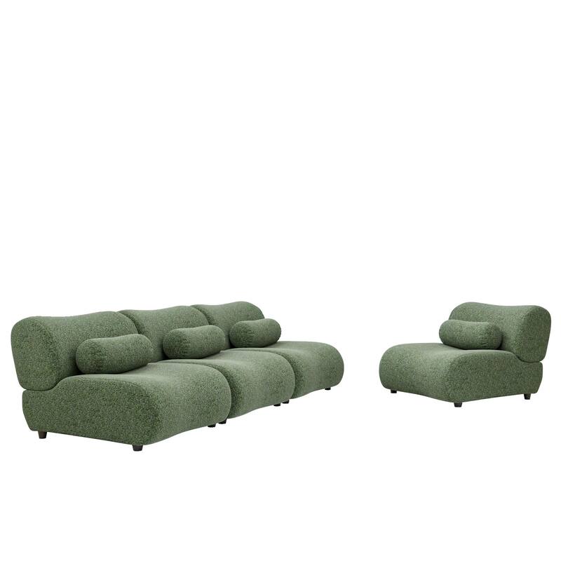 Chenille Modular 4-Seater Sectional Sofa Set with Cylindrical Pillows and 70° Reclined Backrest