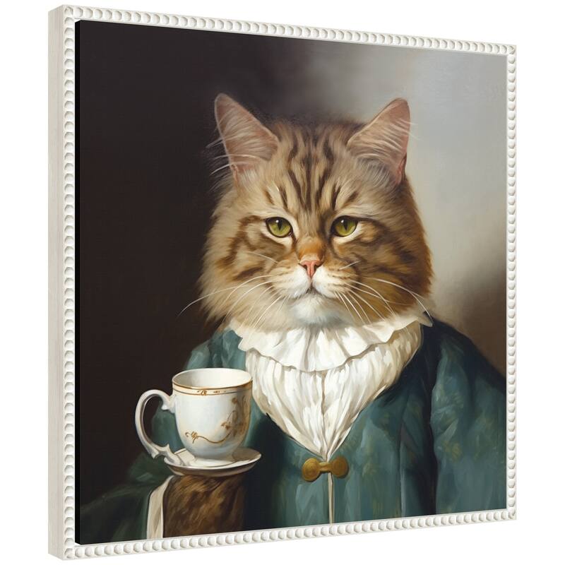 Kate and Laurel Sylvie Teacup Cat Framed Canvas by The Creative Bunch Studio - 22x22 - White