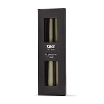 Color Studio 12" Traditional Taper Unscented Smokeless Paraffin Wax Candle Sage Green, Set of 4, Burn Time 8 hrs.