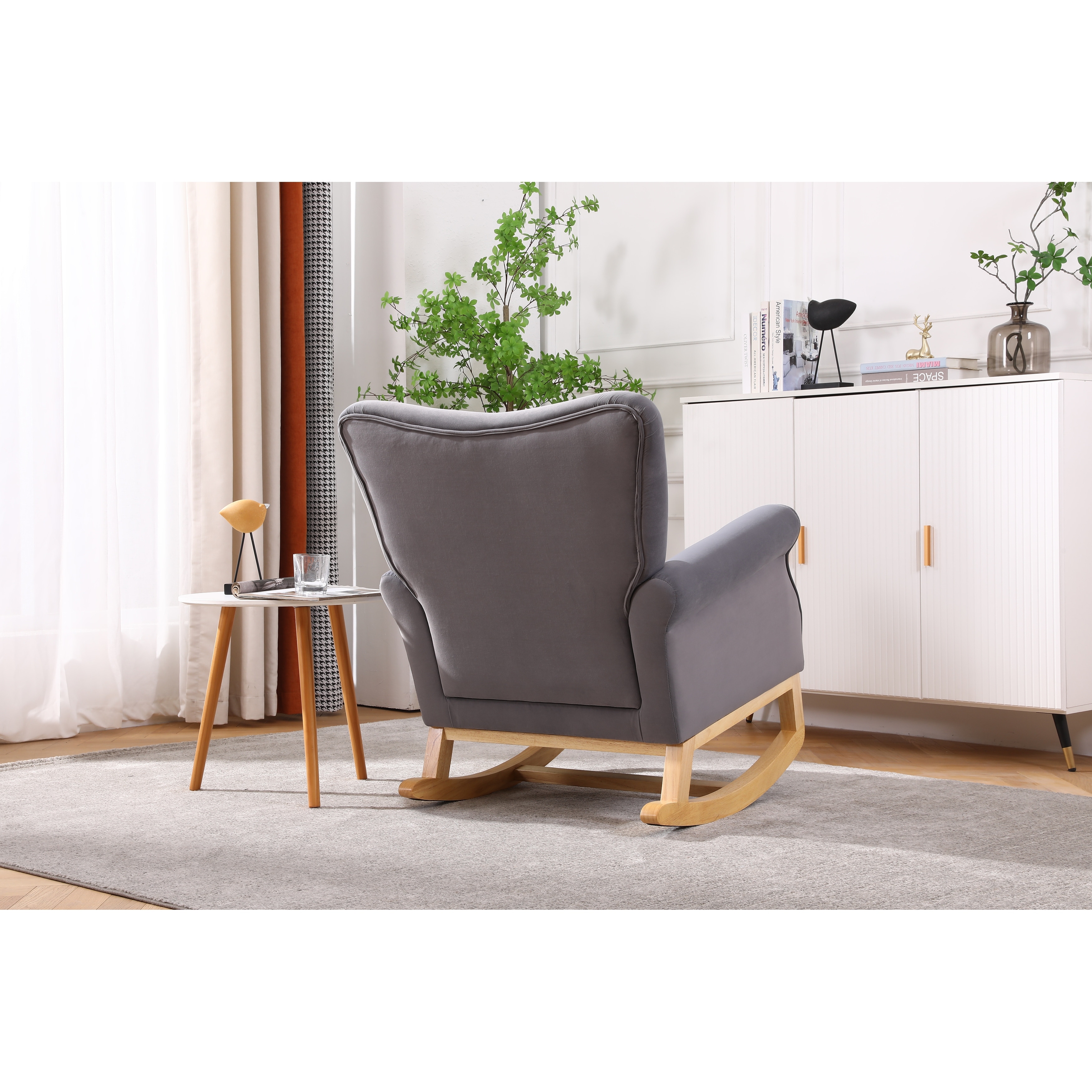 Grey Velvet Round Armchair with Solid Wood Legs Reading Chair and