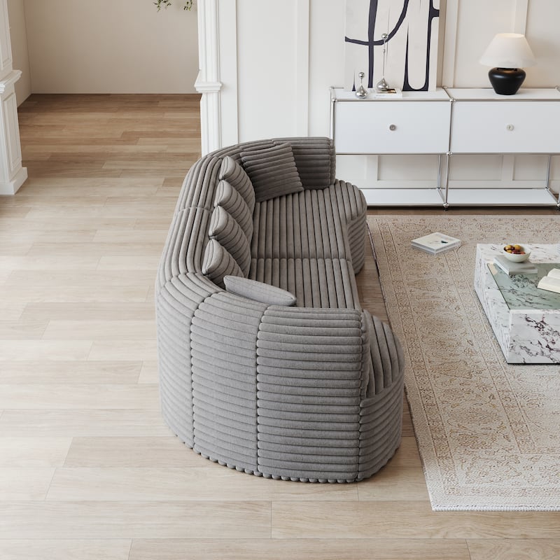 Corduroy Curved Chaise Sectional Sofa with Deep Seating and 6 Pillows