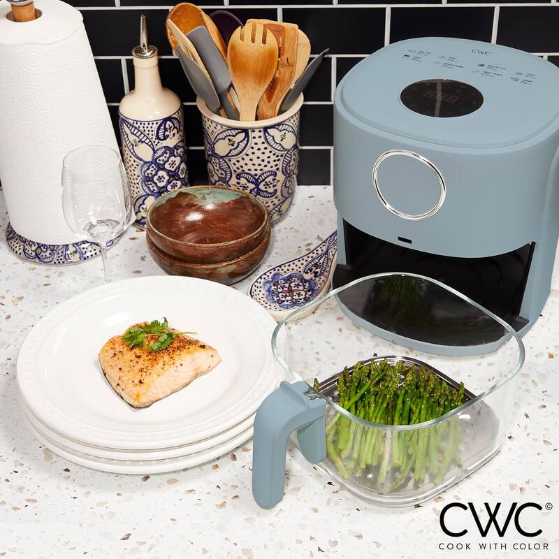 COOK WITH COLOR 1200W Air Fryer: Glass Basket, Dishwasher Safe, 60min Timer, 6 Presets, Temp Control 175F-400F, 4 - 5.5 QT