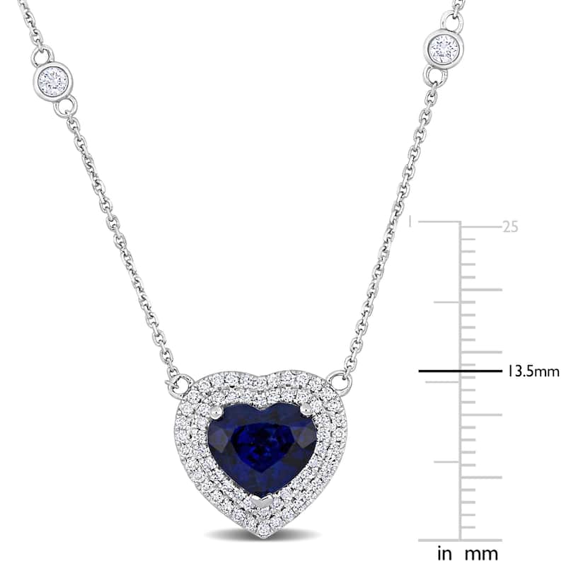 Miadora 3ct TGW Blue Sapphire 3/8ct TDW Diamond Heart Halo Necklace in 14k White Gold