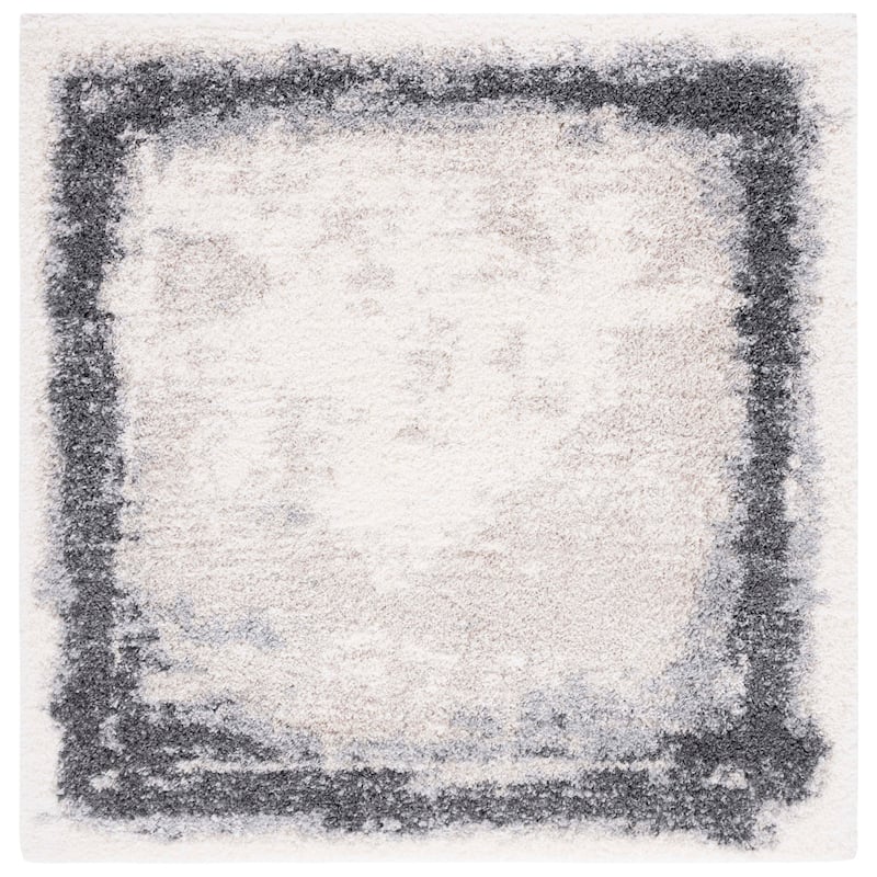 SAFAVIEH Fontana Shag Chihoko Modern Border 2-inch Thick Rug - 4' Square - Ivory/Grey