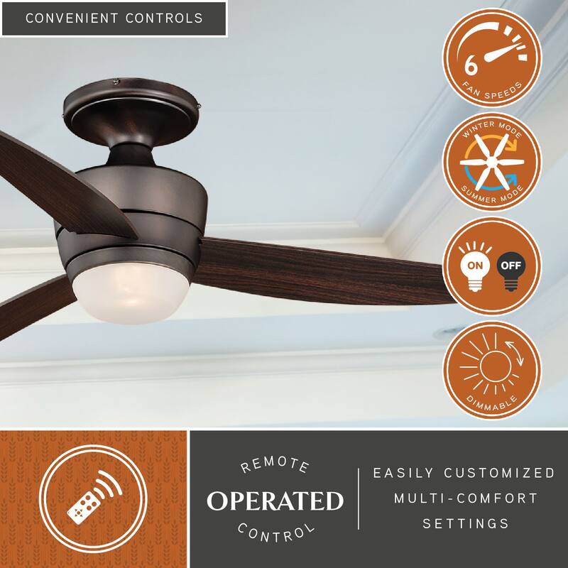 Adrian 44 In. Quiet Bronze Flush Ceiling Fan with LED Light Kit and Remote - 44-in W x 13-in H x 44-in D