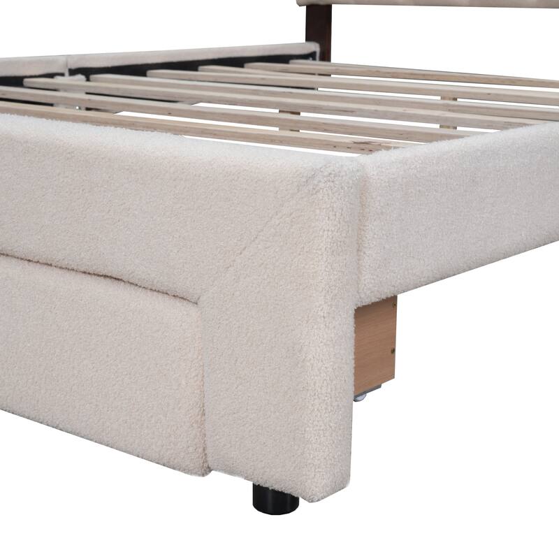 Queen Size Teddy Fleece Upholstered Platform Bed with LED Lights & USB Ports, Beige